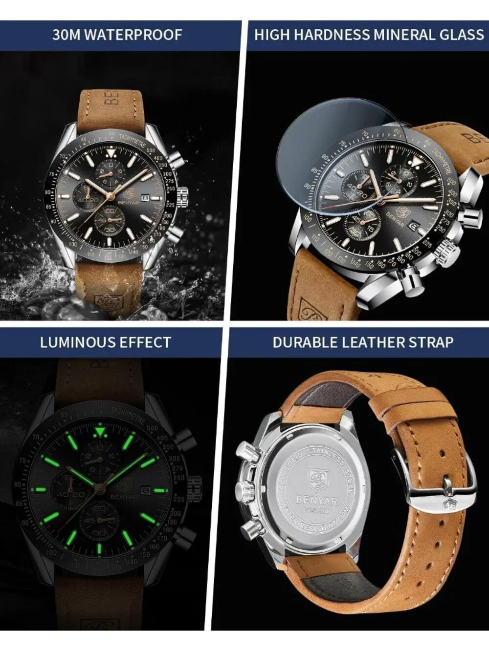 Men's Black Face Analog Brown Silicone Strap Chronograph Luminous Casual Watch